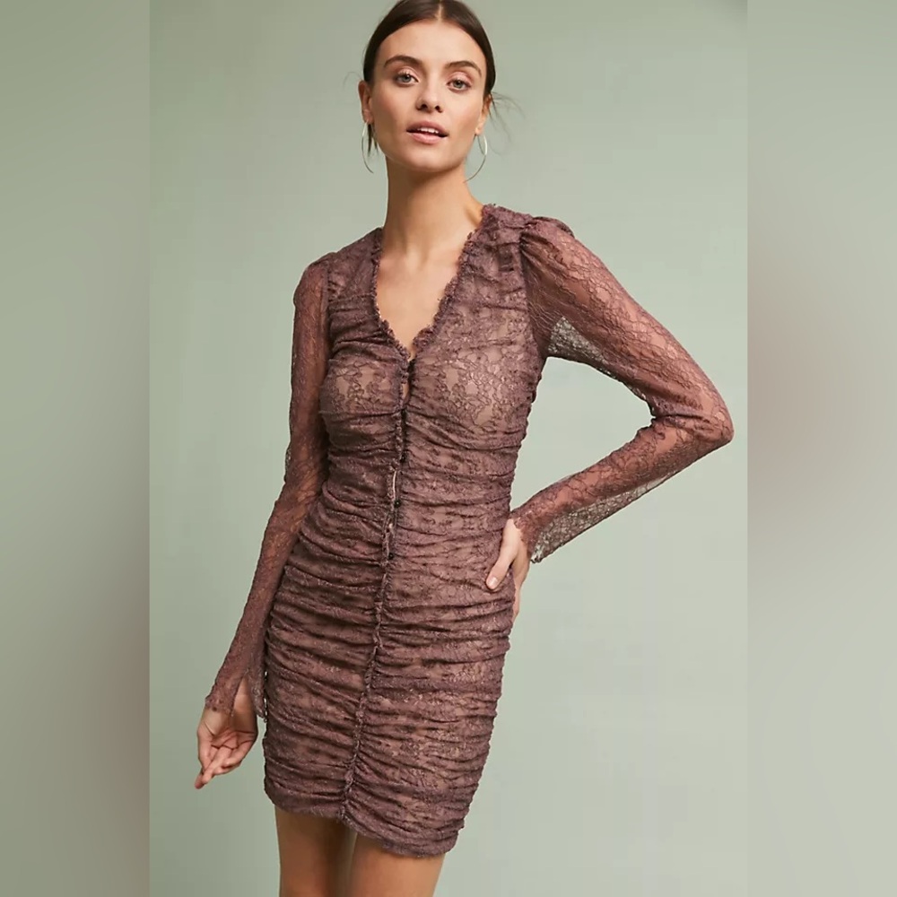 Lace Ruched Long-Sleeve Mini Dress in grey